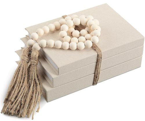 GlikCeil Linen Covered Decorative Books, Set of 3, Coffee Table Books Fabric Book Decor with Wooden Beaded Tassel Neutral Home Decor for Rustic Farmhouse Modern Shelves Tiered Tray