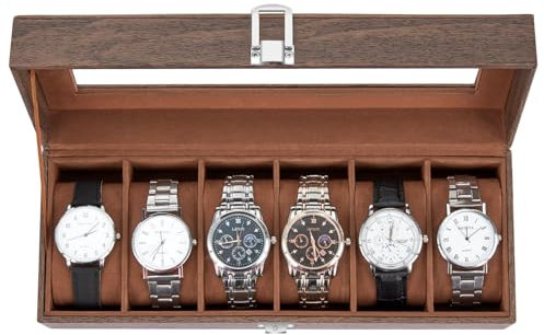 Ohuhu Watch Box with 6 Slots, Watch Case with Glass Lid, Wood Grain Watch Holder with Removable Velvet Pillows, PU Leather, Metal Clasp, Gift Idea for Birthday Christmas