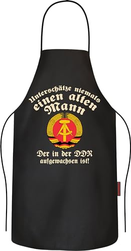 RAHMENLOS Geschenk für Männer und Ossis aus der DDR: Unterschätze niemals einen alten Mann - Grillschürze Kochschürze Küchenschürze Baumwolle schwarz