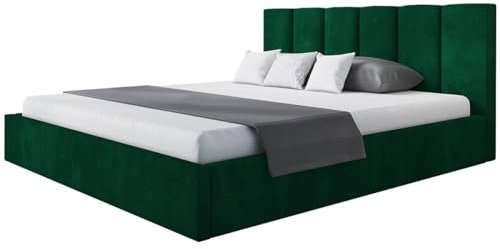 AlpiMeble Polsterbett Tokio Slim mit Kopfteil, 120 x 200 cm, Doppelbett mit Bettkasten und Lattenrost aus Holz, Farbe: Grün, Velourestoff
