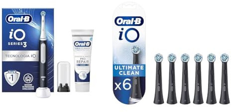 Oral-B Spazzolino Elettrico iO3N, Ultimate Clean Testine e Dentifricio, 2+6 Testine, 2 Spazzolini, Sensore di Pressione, Timer Luminoso, 3 Modalità, Custodia da Viaggio, Nero e Rosa, Idea Regalo