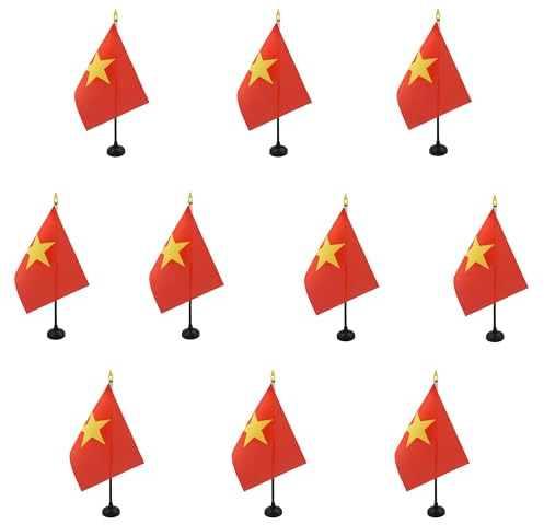 AZ FLAG - Set of 10 Vietnam Table Flag 4'' x 6'' - 10 Small Vietnamese Mini Desk Flags 100% Polyester 15 x 10 cm - Office Flag with 10'' Pole - Golden Spear