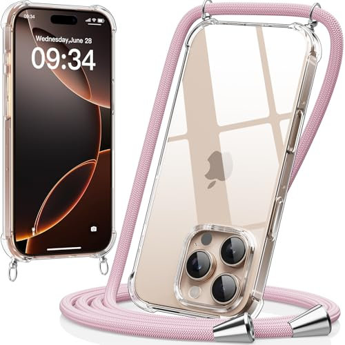 caslord Handyband kompatibel mit iPhone 16 Pro Max, Necklace Hülle mit Bands Handyhülle für zum Umhängen, Transparent Case mit Handykordel,Stoßfeste Schutzhülle zum Umhängen Kordel,Roségold
