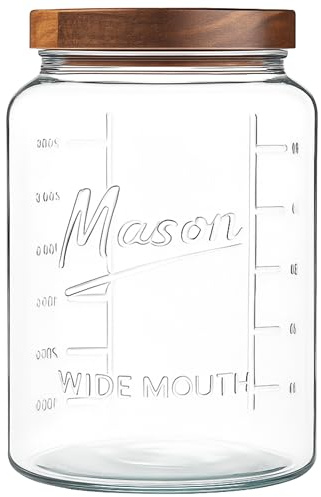 kitchentoolz Extra Large Mason Jar - 1 Gallon Glass Wide Mouth Jar with Airtight Wooden Lid, Food Storage Container with Measurement Markings For Kitchen Pantry, Pickling, Cookies, Flour & Sugar