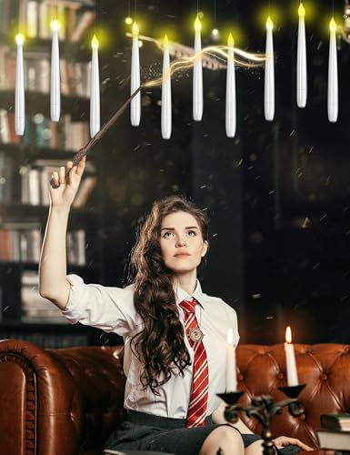 CHLDYCST Floating Candles with Wand, Christmas Tree Flickering Warm Ligh Battery Flameless LED Remote Magic Hanging Candles for Party Home Room Birthday Party Christmas Decorations (10Pcs)