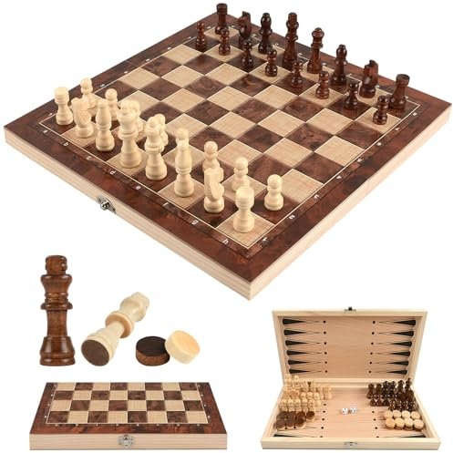 Schachspiel aus Holz, Schach Dame Backgammon 3 in 1 Schachbrett Holz Hochwertig, Einklappbar Reiseschach, Chess Board Set Tragbares mit Schachfiguren für Kinder Erwachsene Drinnen Draußen Reisen