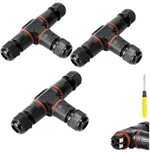 3 Pcs Junction Box,Outdoor Waterproof Cable Connectors IP68 3-Pin Connector Wire Range T-Shape For Protection Box(8-12mm)