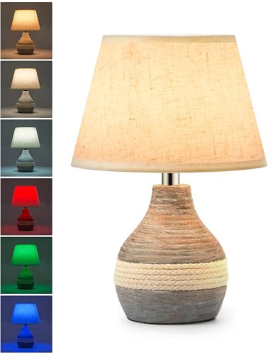 UMEXUS 10” Small Ceramic Cordless Table Lamp with Timer, Dimmer, Linen Shade, Remote Control, Rechargeable Battery Light for Patio Nightstand Kitchen Counter Living Room Side Table, Bulb Included