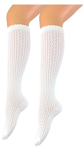BF Souvenirs Nobles medias para mujer, hasta la rodilla, para traje tiroleso, con encaje cosido a mano, para bodas y fiestas tradicionales, Blanco, 35-38