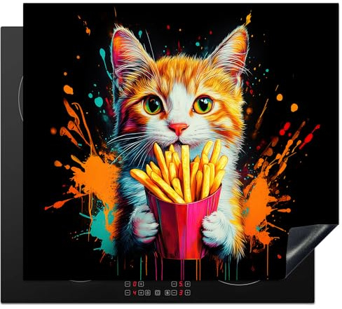 KitchenYeah© Herdabdeckplatte Einteilig Ceranfeld Abdeckplatte für | 60x52 cm - Induktionsschutz Ceranfeldabdeckung Vinyl Herdabdeckplatten Katze - Essen - Pommes - Graffiti - Abstrakt