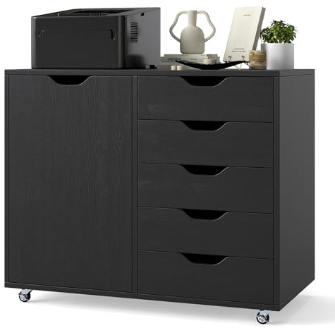 COSTWAY Rullbehållare med 5 lådor, mobilt arkivskåp med dörr, bänkskiva och hjul, lådskåp, modern, rullvagn för kontor vardagsrum, 79 x 39 x 65 cm (svart)