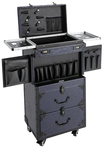 Trolley Beauty Case kosmetisk väska makeup väska sminkväska frisörväska rullvagn makeup professionell rullbehållare på hjul kosmetik frisörvagn arbetsvagn användarvagn (blå)