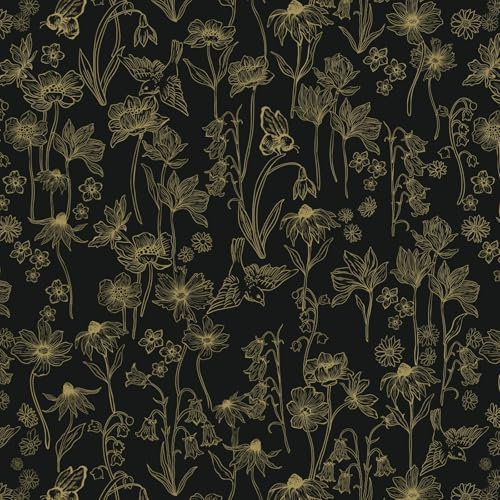 Fiula Papier peint autocollant noir et doré, 44 x 300 cm, papier contact floral, motif oiseau, abeille, papier peint en vinyle imperméable pour meubles, chambre à coucher, salon, armoire