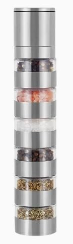 Set de Moulins Manuels 6 en 1–Moulin à Épices avec Récipient en Acier Inoxydable pour Sel, Poivre et Herbes – Idéal pour Pique-Nique, Camping et Cuisine