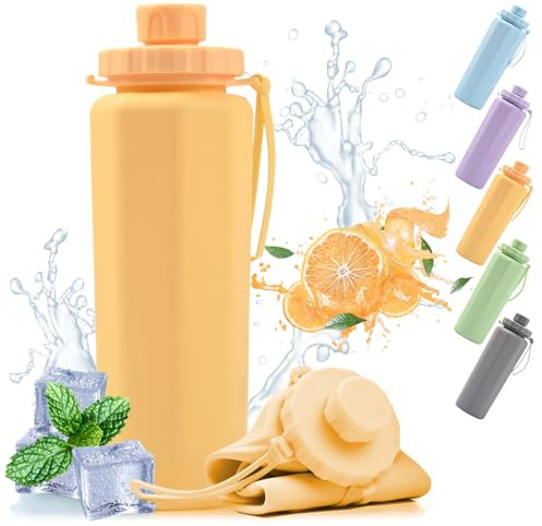 Botella de agua plegable, 600 ml, de silicona, a prueba de fugas y portátil, sin BPA, para correr, camping, deportes al aire libre, viajes