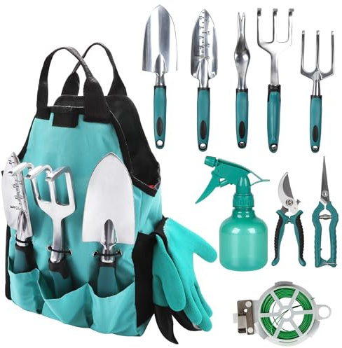 Garden Tools, Gardening Tool Set with Non-Slip Handles, Lightweight Aluminum Alloy Rust-Proof Gardening Hand Tools with Gloves Ideal Gardening Tools Gifts for Women and Men (11 pcs)