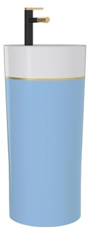 CAFIEDR Lavabo de pie para baño, Lavabo de Columna de cerámica Moderna de una Pieza, Lavabo Redondo de 15.7, Lavabo de Pedestal con desagüe, Grifo y Espejo.(Azul B)
