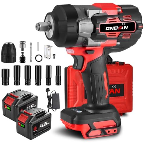 Impact Wrench 1/2 inch - Cordless Impact Gun 1253.9 ft·lbs (1700 N.m)Max Torque Brushless Impact Wrenches, 3 Speed Forward and 2 Reverse Impact Driver, 2*4.5Ah Battery, 6 Sockets, for Car Tyre Change