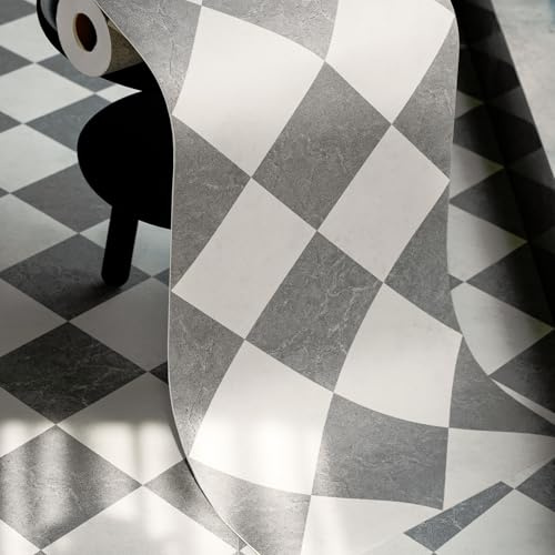 auxua Bodenfliesen zum Abziehen und Aufkleben, graues Karomuster, durchgehender Vinyl-Rollenbodenbelag, 40 cm x 6 m, Rolle, deckt 25,83 m² ab, mühelose Ausrichtung, nahtloses Design für Badezimmer