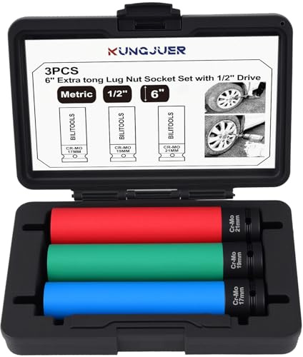 1/2 Drive Impact Lug Nut Socket Set, 3PC (17/19/21mm) Extra Long 6 Non-Marring Thin Wall Wheel Nut Sockets - Metric Deep Sockets for Safe Tire & Rim Protection