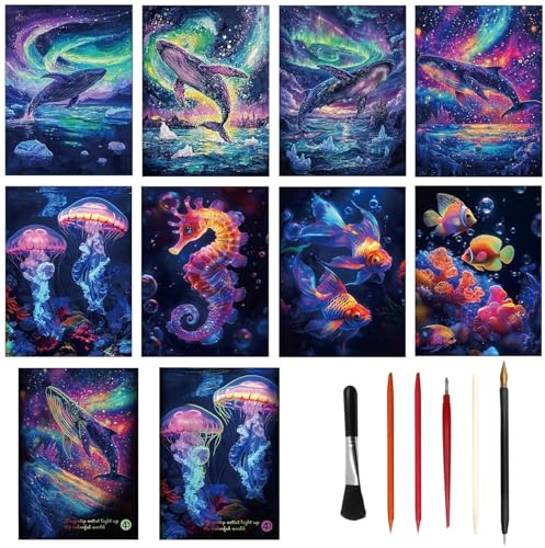 VPAFPEKG Kratzbilder Set für Erwachsene, 8 Stück Rainbow A4 Kratzpapier Kratzpapiere, Kreative DIY Bastelset Scratch Art Set für Zeichnen und Kunstgestaltung Geburtstagsgeschenk mit Kratzwerkzeuge Kit