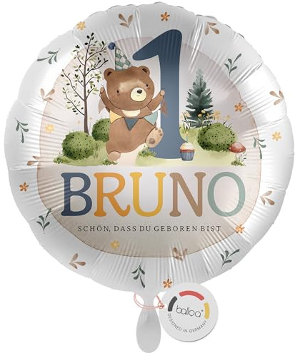 balloa Personalisierter Ballon mit Namen, Geschenk zum 1. Geburtstag, Teddybär Namensballon für Kindergeburtstag, Helium geeignet Luftballon, Partydeko Junge Mädchen, Geburtstagsdekoration, 33cm