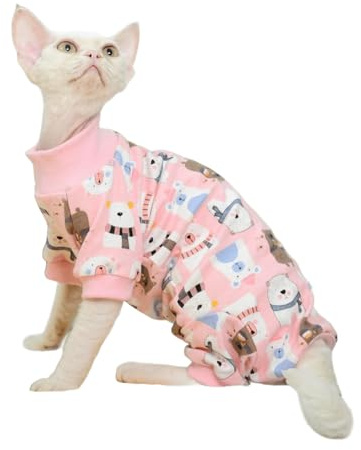 IUOUTG Sphynx kattkläder 4 ben varm hårlös katt pullover onesies pyjamas med rund hals och tryckmönster kattunge skjorta kläder för Devon och valp