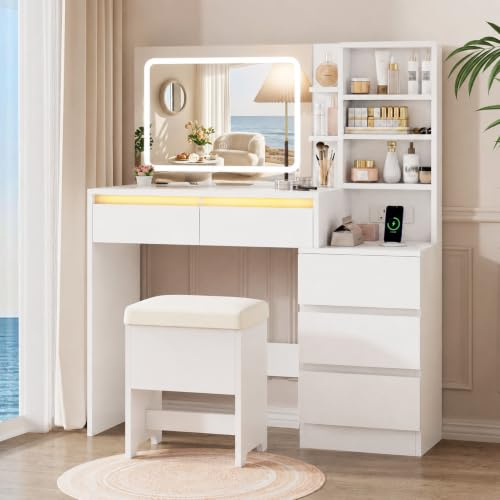 IRONCK Dressing Table with Mirror and 3-Color Lights, Charging Station, Vanity Desk with 5 Drawers, Dressing Chair, 6 Open Shelves, Transparent Tempered Glass, Modern Vanity Table for Bedroom, White