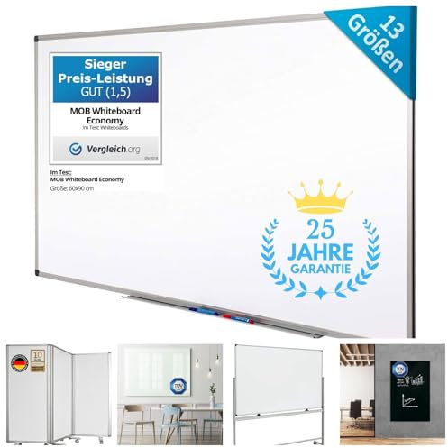 MOB, lavagna bianca economy, Testnote 1,5. Lavagna magnetica laccata in una robusta cornice in alluminio, come lavagna magnetica da parete, Memo Board 80 cm x 110 cm bianco con telaio in alluminio