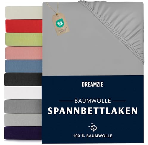 Dreamzie - Spannbettlaken - 120x200cm - 100% Baumwolle Jersey | Grau · Leintuch mit Rundumgummi · Spannbetttuch bis 22cm Steghöhe · Oeko-Tex zertifiziert · Breites Einzelbett / Jugendbett