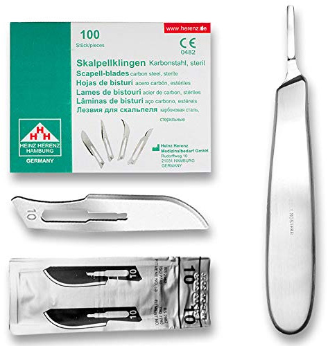 May Skalpell-Set Figur 10 Halter 3 bauchig 13,5 cm Karbonstahl 100 Stk | 13,5 cm Skalpellhalter (Fig. 3) mit bauchigem Edelstahl-Griff inkl. 100 sterilen Karbonstahlklingen (Fig. 10).