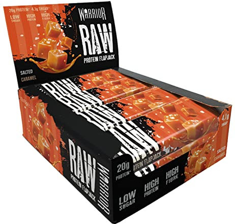 Warrior Raw Protein Bars – 12 x 75g High Protein Snack – High Fibre, Low Sugar – Ideal Meal Replacement or Healthy Nutrition Energy Snacks - Oat Bar Flapjacks – UK Made (Salted Caramel)