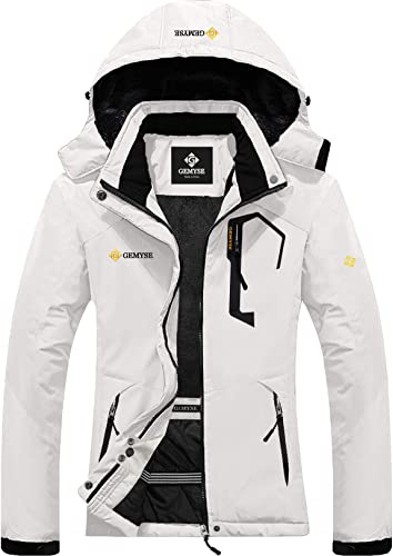 GEMYSE Donna Giacca da Sci Calda Antivento Impermeabile Giubbotto con Cappuccio Rimovibile per Snowboard(Bianco 01,M)