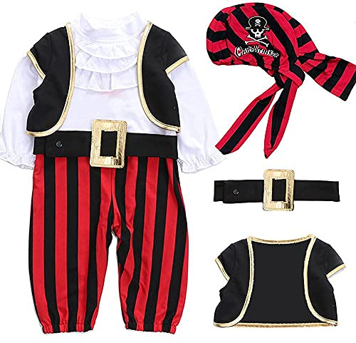 LNL Baby Pirate Costume Toddler Pirate Outfit Baby Boy Halloween Costumes Long Sleeve Romper+Vest+Hat+Belt 4pcs set 36 months