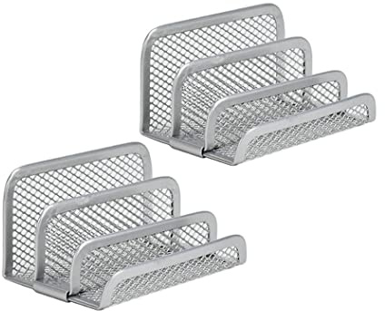 Hoshen Dreilagiger Visitenkartenhalter aus Metallgeflecht, Schreibtisch-Visitenkartenhalter, 2 Stück (Silber)
