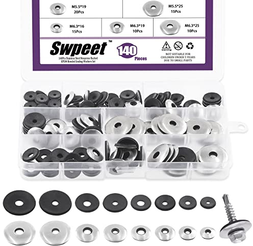Swpeet 140 Stück 8 Größen #8#10#12#14 Edelstahl Neopren EPDM Bonded Sealing Washers Gasket Assortiment Kit, Gummi Bonded Sealing Washers for 8# 10# 12# 14# Screws