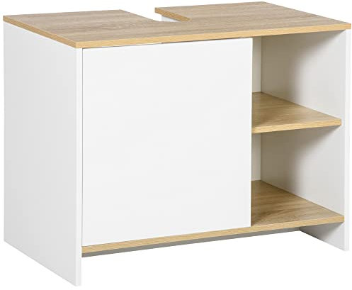 kleankin Mobile Bagno Sottolavabo con Armadietto e 2 Mensole in Legno Truciolare, 77 x 45 x 60cm, Bianco e Color Legno