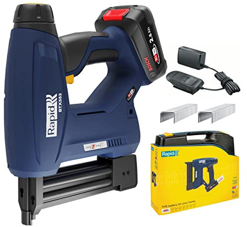 Rapid BTX553 18V Pistola Graffatrice, Compatibile con Graffette a Filo Sottile n.53 e Chiodini n. 8, per Tappezzeria e Bricolage Include 300 Chiodini, Batteria, Caricabatteria e Valigetta 5001506