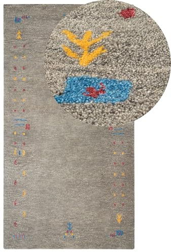 Beliani Gabbeh Teppich grau aus Wolle 80 x 150 cm Hochflor mit Muster weich handgetuftet Seymen