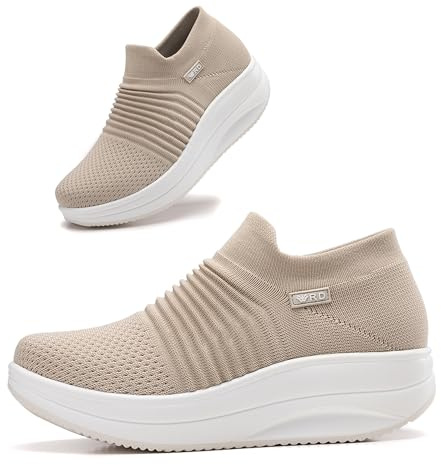 Oude Pull On Platform Wedge Sneakers for Women Cushioned | Platform Women Shoes Walk All Day | 2 Inch Rocker Bottom with Arch Support Beige Size 7