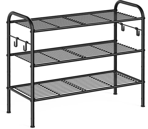 SONGMICS Schuhregal, Schuhständer mit 3 Ebenen, Metallregal mit 4 seitlichen Haken, für 12 Paar Schuhe, höhenverstellbare Ablage, für Eingang Flur Garderobe, einfache Montage, tintenschwarz