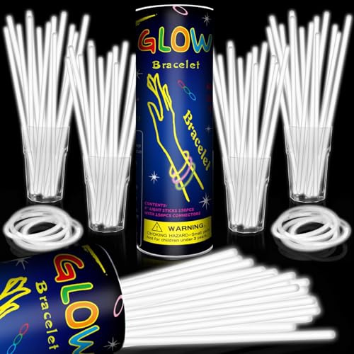 Taikula 200 Pack 8'' Glow Sticks Bulk Party Favors White Light Up Sticks with Connectors Neon Glow in the Dark Party Supplies Bracelets for Holiday Birthday Party Decoration(White)