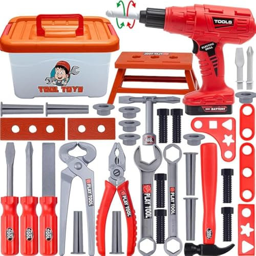 Kinder Bauwerkzeug Spielzeug Set,Bauwerkzeug Kits,Kettensäge Werkzeugkoffer mit Zubehör,Werkzeugtasche,Rollenspielset mit Elektrische Bohrmaschine Kinderspielzeug für 3+ Junge Mädchen (42 STK)