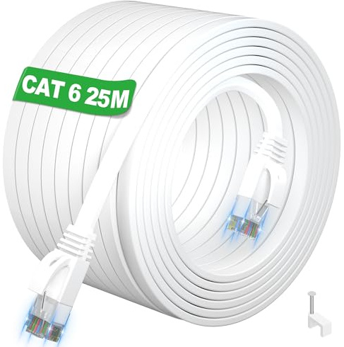 Cable Ethernet 25m, Cable RJ45 25m Cat 6 Haut Débit Câble Réseau Plat Blanc Cable Internet, UTP Cable LAN Long Patch Cable, Gigabit Câble Ethernet 25 mètres pour Routeur Modem Switch PC (25 Clips)