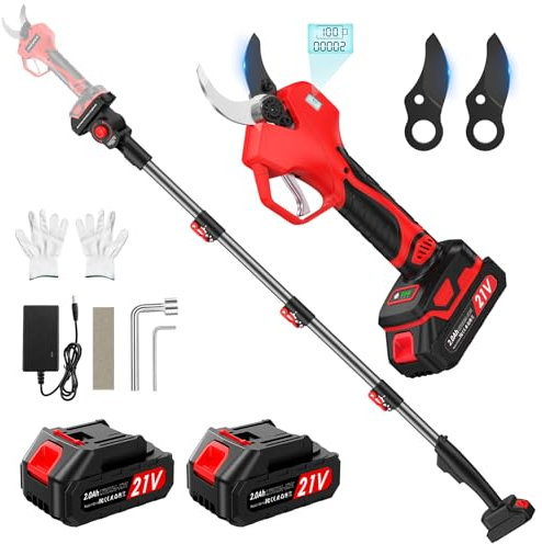 Tijera de podar eléctrica de 45MM, con pértiga telescópica de 2 m, 2 baterías de 2,0 Ah, pantalla muestra potencia de la batería y número de cortes, apta para podar ramas altas
