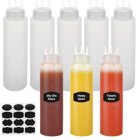 SHUESS 8 Pack 24oz (680ml) Plastic Sauce Bottles with Twist On Cap Lids & Label - Squeeze Bottle with 3-Hole Nozzle - Condiment Bottle with Measurements for Condiment, Ketchup, Hot Sauce, Oil