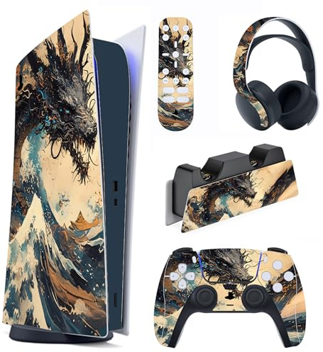 playvital Autocollant Protection pour ps5 Manette Accessoire | Sticker Skin pour ps5 Habillages Digital Console & Controller & Télécommande & Casque & Station de Charge-Dragon Tempête