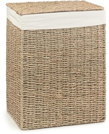 Woodluv Laundry Basket With lid Medium, Seagrass Laundry Hamper Bin Storage Organiser, Washing Basket for Dirty Clothes Bathroom, Natural, 39 x 29 x 49 (H) cm
