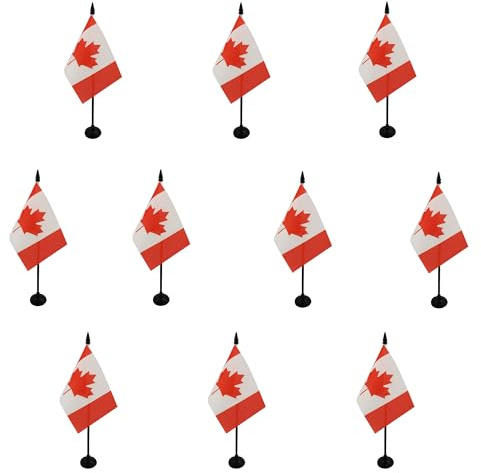 AZ FLAG Lot de 10 Drapeaux de Table Canada 15x10 cm Socle Plastique | Usage intérieur Drapeau de bureau canadien finition cousue et bords renforcés avec mât en plastique et socle en plastique