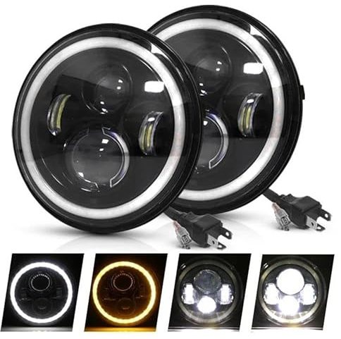 ODKBFG Scheinwerfer, 2-teilig, Auto, 17,8 cm, LED-Scheinwerfer, Abblendlicht/Fernlicht, H4, Halo-Winkel-Augen für Lada 4x4, für Urban, für Niva Scheinwerfer (2-teilig, rund, 17,8 cm)